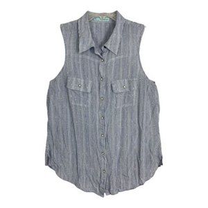 Maurices Womens Shirt Size Large Blue Striped Sleeveless Pearl Snaps Pocket